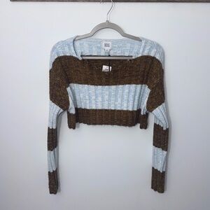 🆕 BDG Brown and Light Blue Distressed Striped Cropped Sweater Sz. Medium